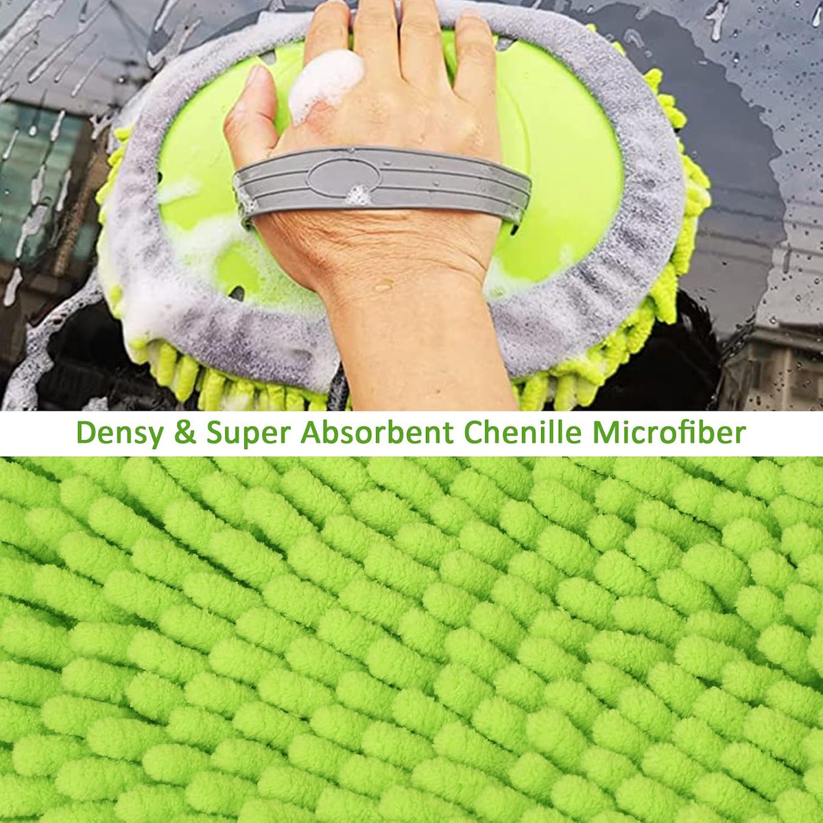 GIANT BEAR Car Wash Brush with Long Handle, 42.9" Microfiber Chenille Mitt Not Hurt Paint Scratch Free Aluminum Alloy Cleaning Tool -4 in 1,Glass Window Scrabber Detail Wheel Brush