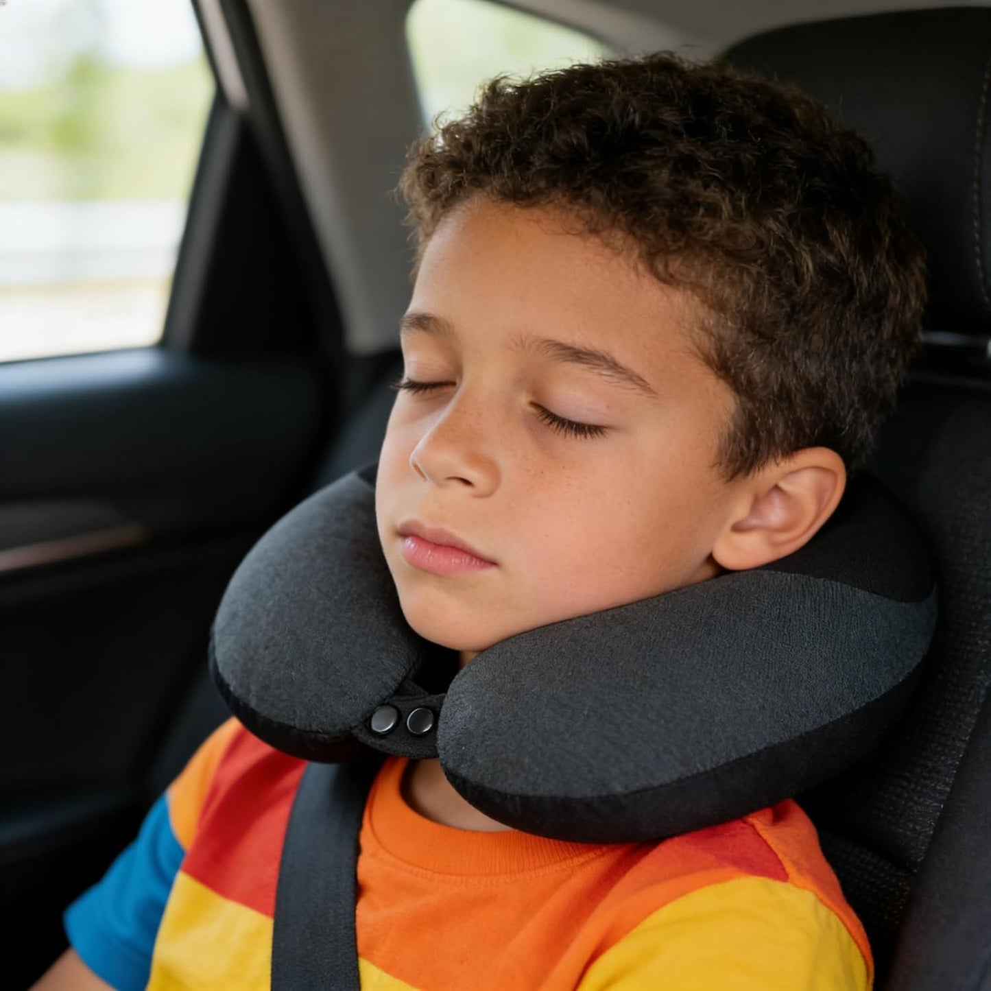 COOLBEBE Kids Travel Neck Pillow for Airplane & Car, Soft Breathable Fabric, Ergonomic Side Support for 3-12 Year Olds, Adjustable Snap Button, Travel Essential for Boys & Girls, Black & Grey
