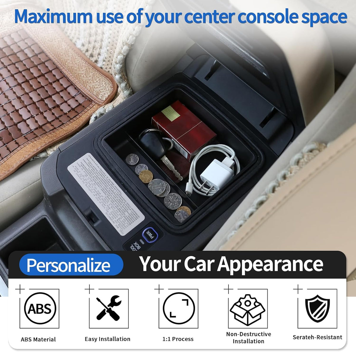 Center Console Storage Box Fit for Toyot@ Land Cruiser Prado FJ150 150 2003-2019, Console Side Tray Organizer Storage, with Mat (2003-2019 Fit Car Refrigerator)