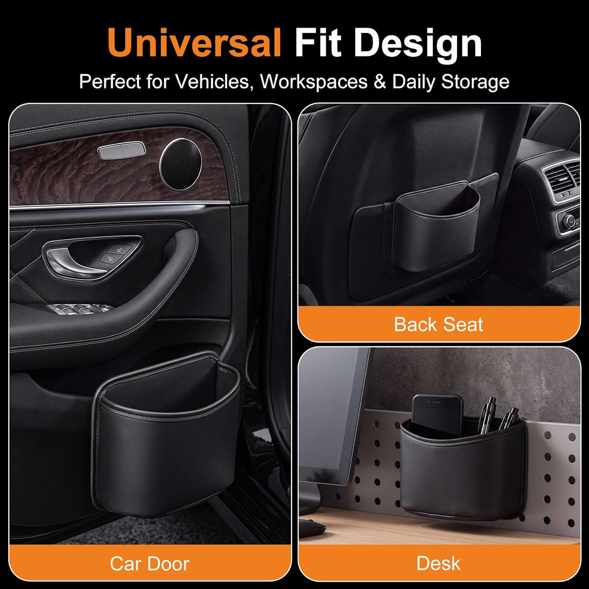 Leather Car Trash Can Hanging Car Garbage Bin with 4 Roll Trash Bag Leakproof Faux Leather Auto Garbage Container Easy Clean Vehicle Waste Basket for Suv, Truck, Sedan, Easy to Install, Black