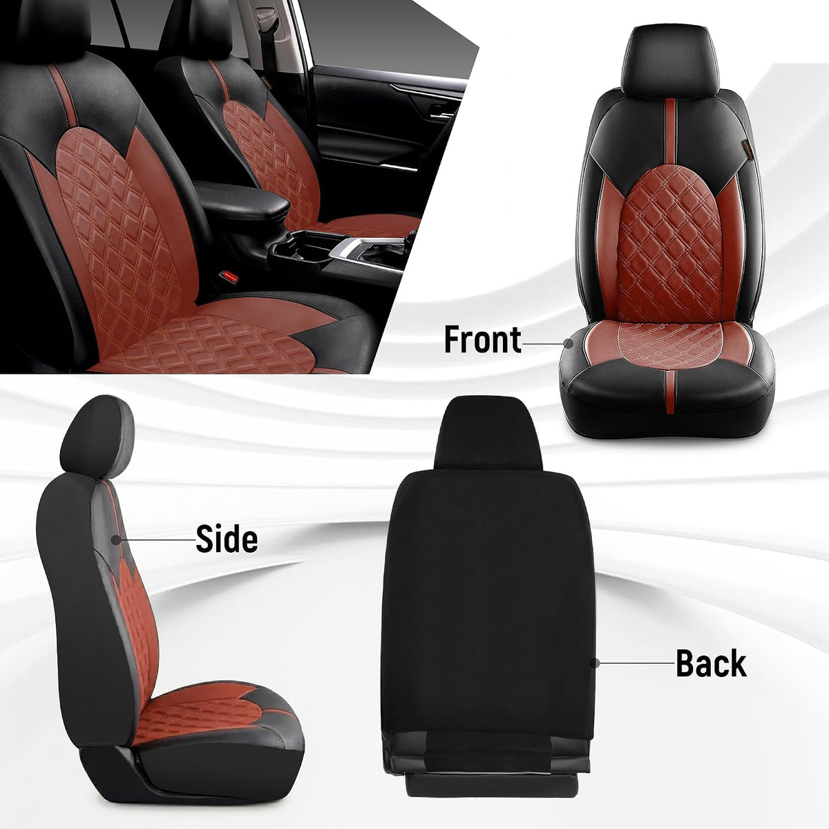 CAROMOP Luxury PU Leather Car Seat Covers Front Set, Anti-Stain Waterproof Automotive Seat Covers for Cars, Universal Car Interior Covers Seat Protectors for SUVs Pick-up Trucks(Burgundy Red)