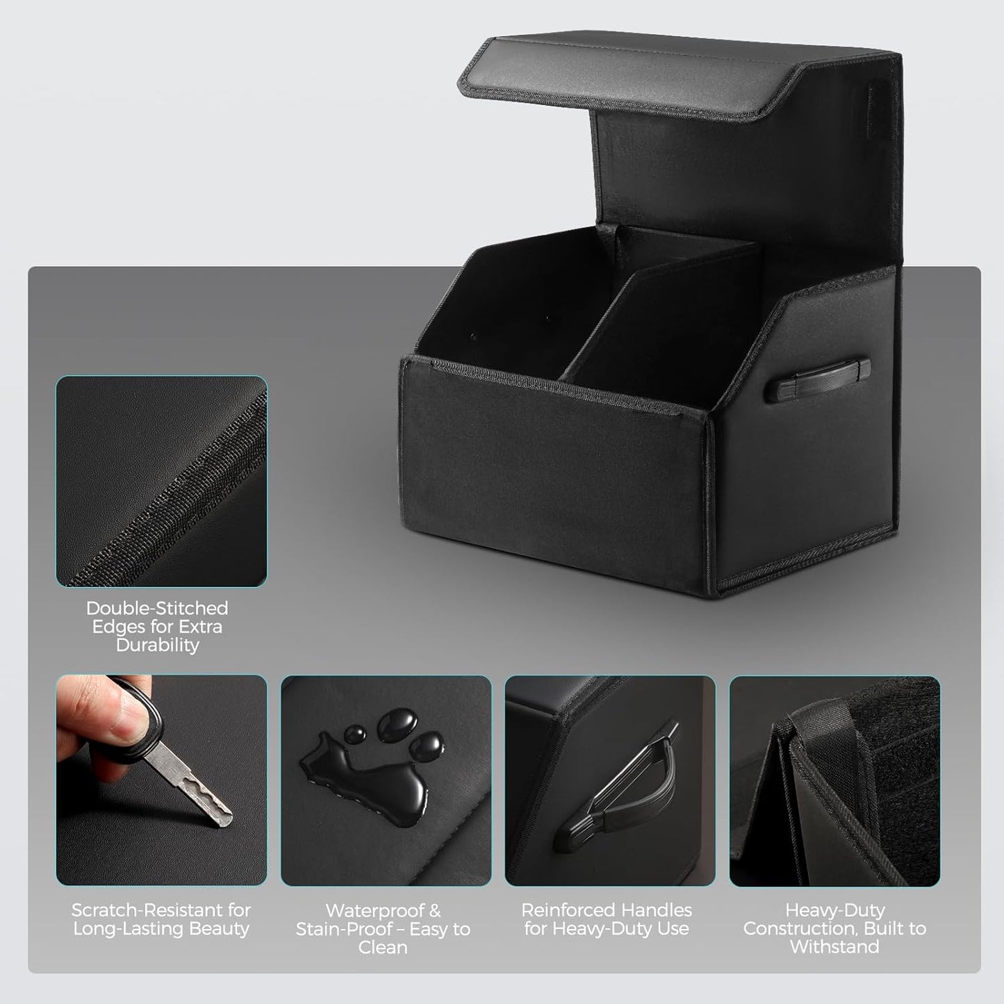 Fyzeoty Car Trunk Organizer for SUV and Sedan, Black, 16.5 inches | Leather Storage Box, Magnetic Lid, Collapsible and Adjustable, Water‑Resistant & Dust‑Proof
