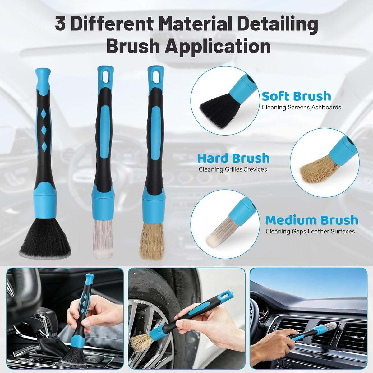 Car Duster Brush, Soft Car Interior Detailing Kit, Easy to Clean Interior Brush, Exterior Cleaning Tool, Auto Detailing Brushes for Dashboard, Air Vents, Seat Crevices, Skylight, Wheels & Tires