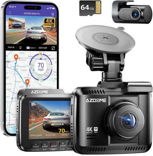 AZDOME GS63H Pro 2CH Dash Cam 4K with Super Night Vision & ADAS 24H Parking Mode - 4K Dual Dash Cam - Built-in WiFi - GPS Tracking - Collision Detection - Multiple Parking Modes