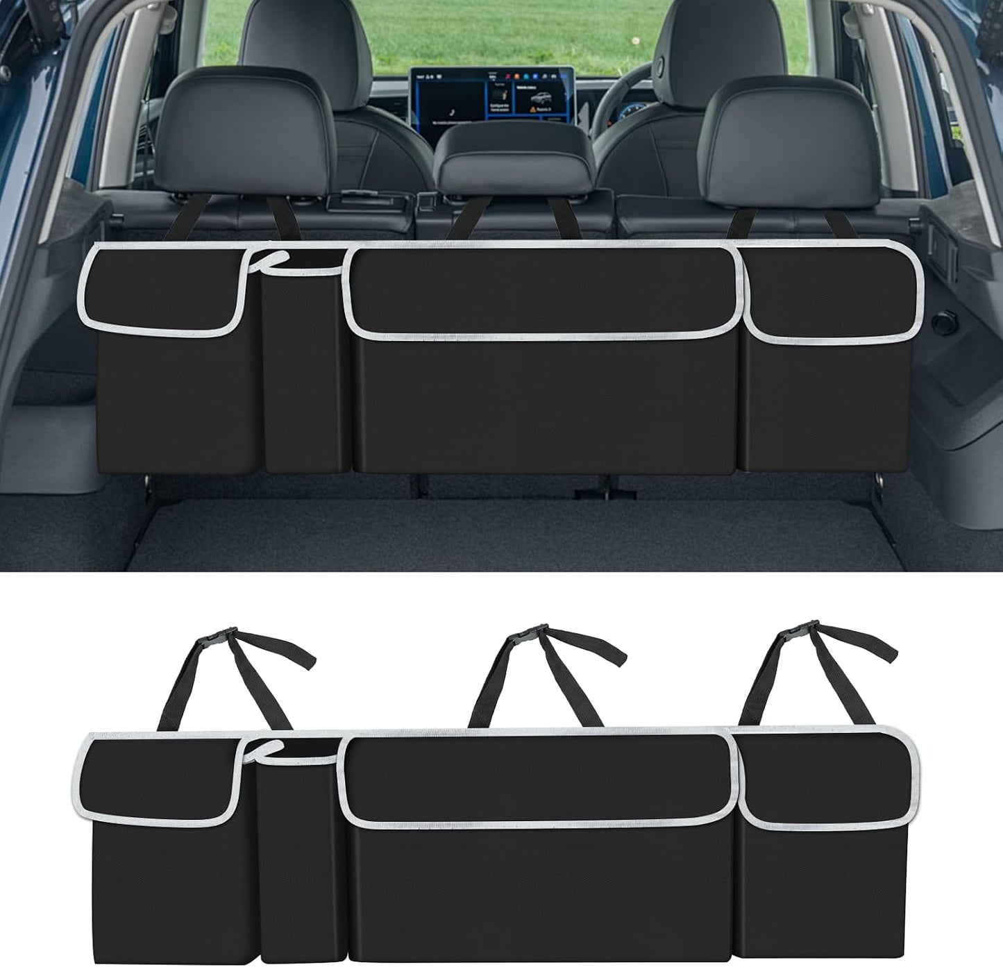 wuyaoyao Car Trunk Organizer, Large Capacity Hanging Trunk Storage Organizer with Pockets & Adjustable Straps, Oxford Fabric Vehicle Backseat Storage Bag, Universal Car Accessories (Regular)