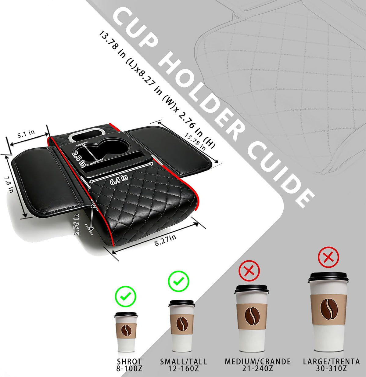 Leather Car Armrest Cover, 5-in-1 Console Cushion with Storage & Cup Holder