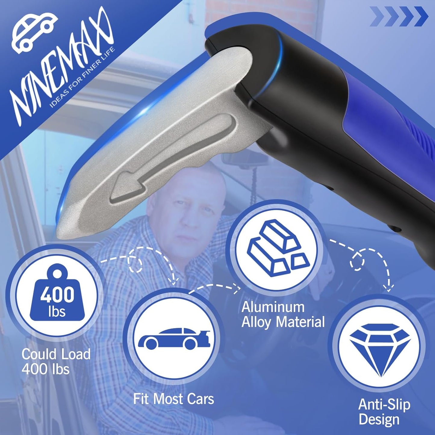 NINEMAX Car Door Assist Handle for Elderly & Handicap, (1 pc with Strap) | Stable Support for Easy Vehicle Entry, Universal Fit for Most Cars, Lightweight & Portable, Non-Slip Grip, Tool-Free Setup