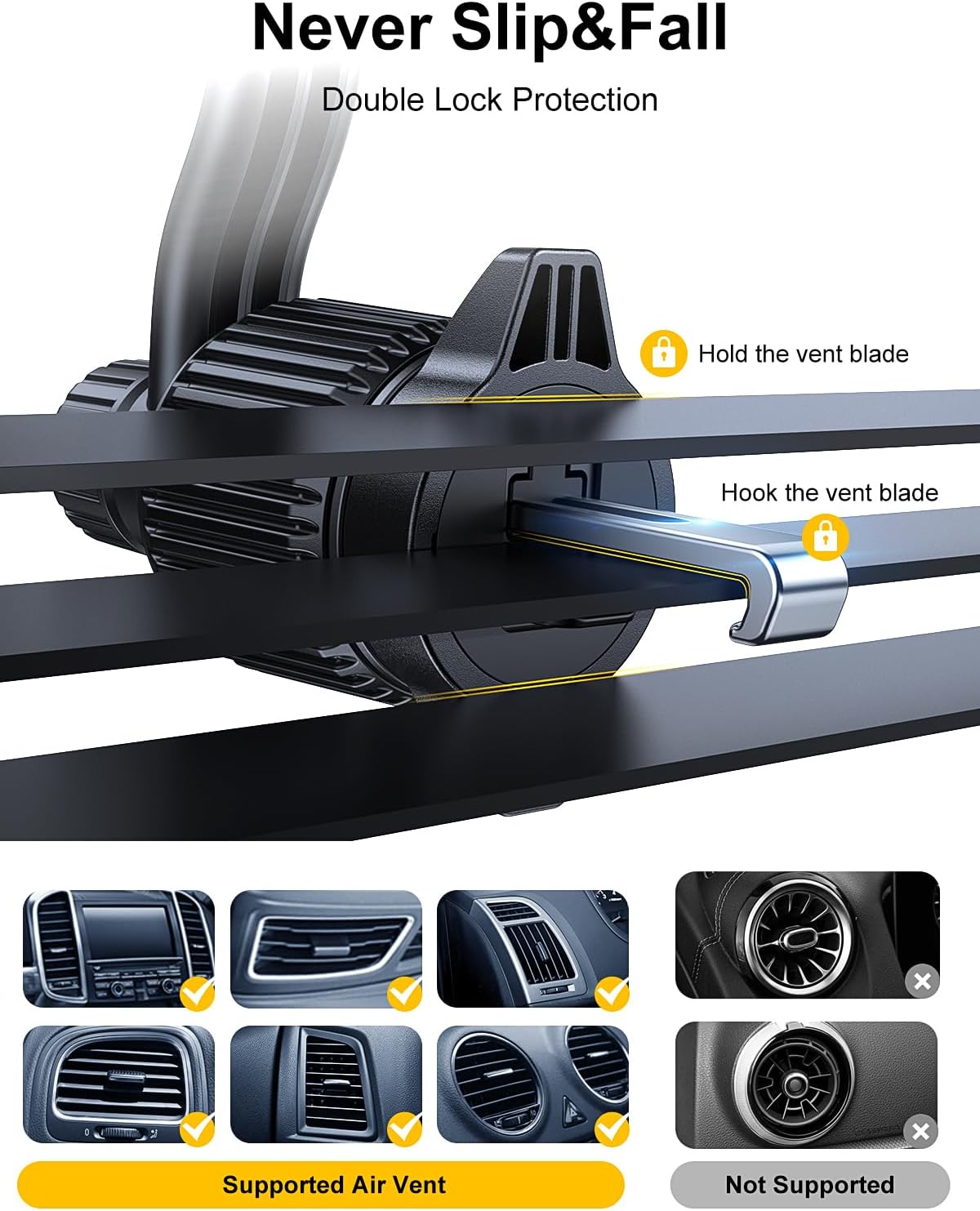 Rorhxia Car Vent Phone Mount, [Never Blocking Vent, Enjoy The Comfort of The A/C] Hands-Free Universal Extension Clip Air Phone Holder Car Fit for All Phones iPhone 17 16 15 14 13 12 Samsung More