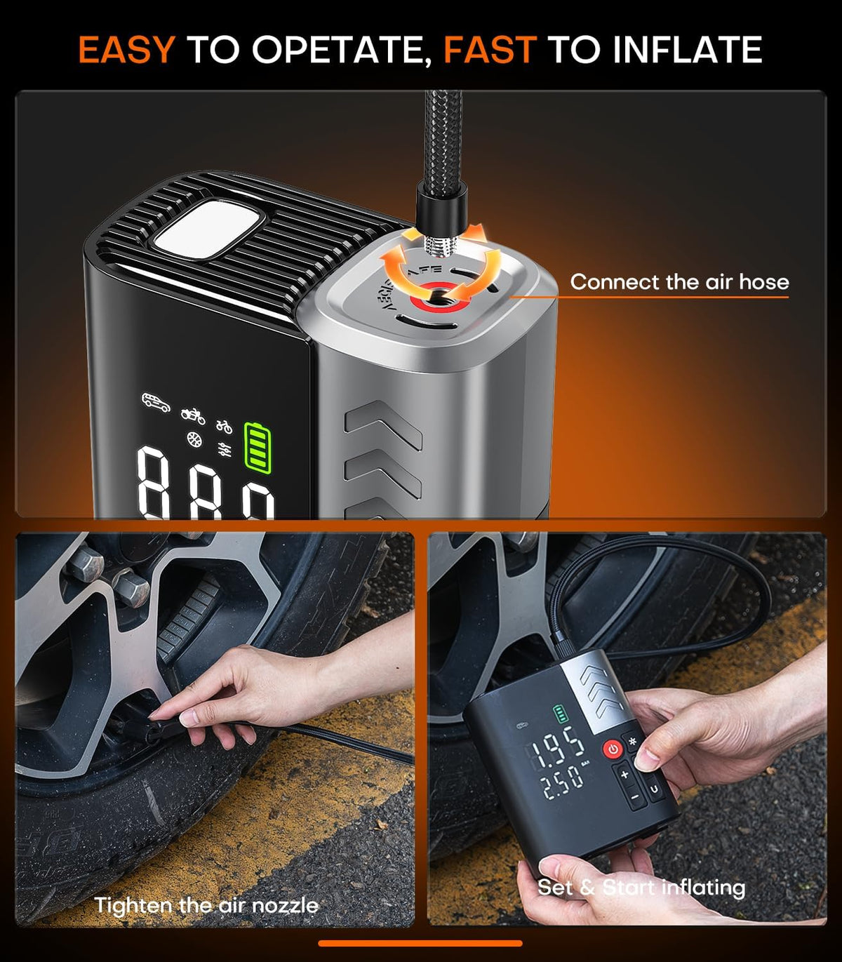Tire Inflator Portable Air Compressor, 35s Faster Air Pump with APP, 160PSI 48LPM 10400mAh Electric Tire Pump, 45W Charging, Cordless Tire Inflator for Car SUV Truck Pickup RV