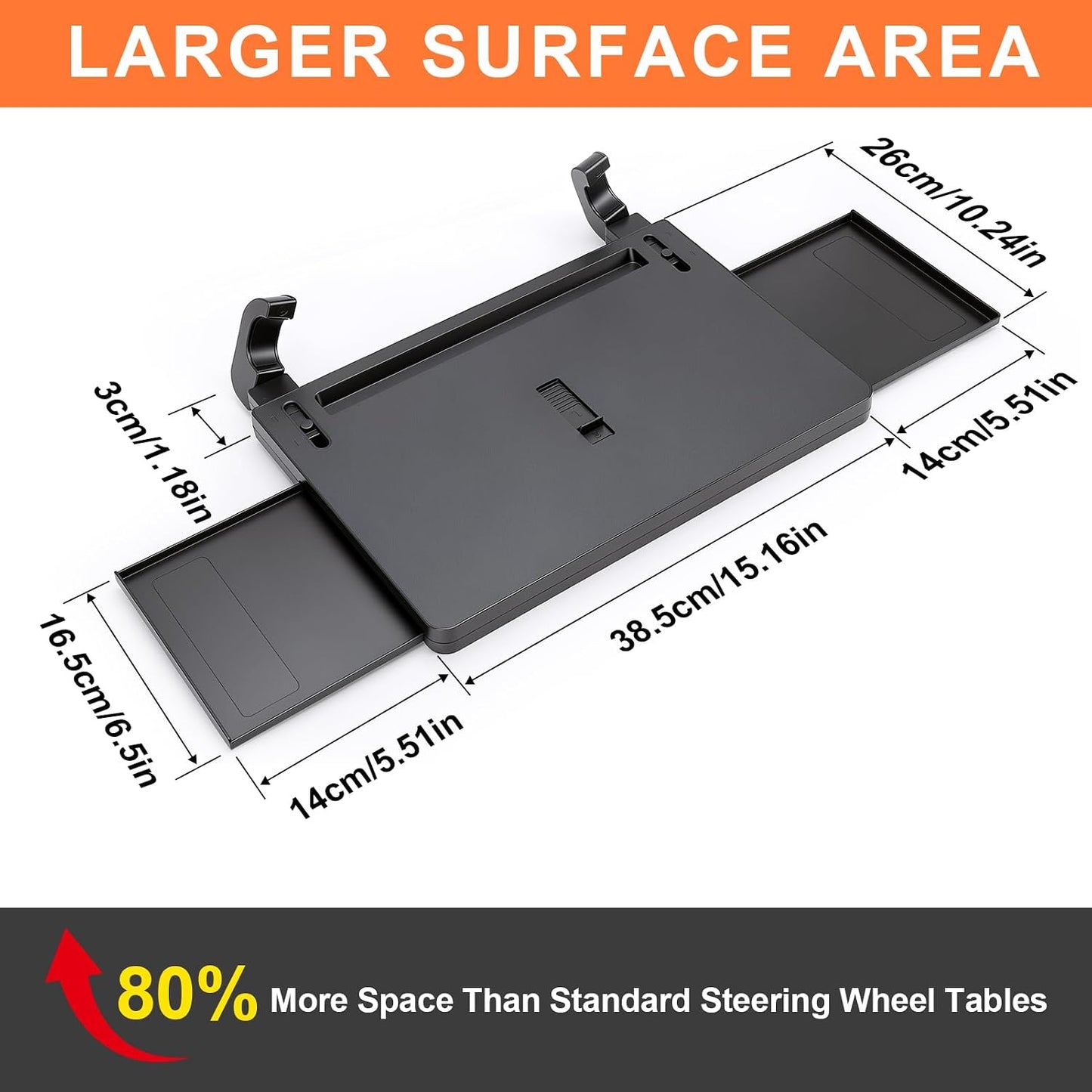 Extendable Steering Wheel Tray, Adjustable Car Desk for Laptop and Tablet, Car Food Tray with Expandable Side Panels and Locking Clip Support for Eating, Working