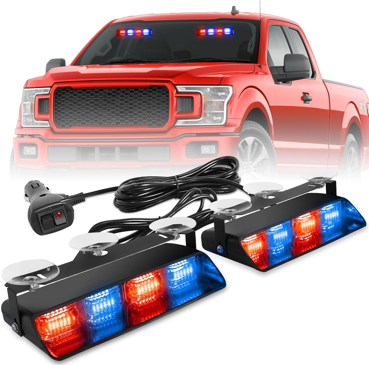 HLauto 2002L Emergency Dash Strobe Lights: Red Blue Safety Lights, Flashing Warning Hazard Windshield Visor Traffic Light Bars for Trucks, Construction Vehicles (2x8.5 inch, 48LED)