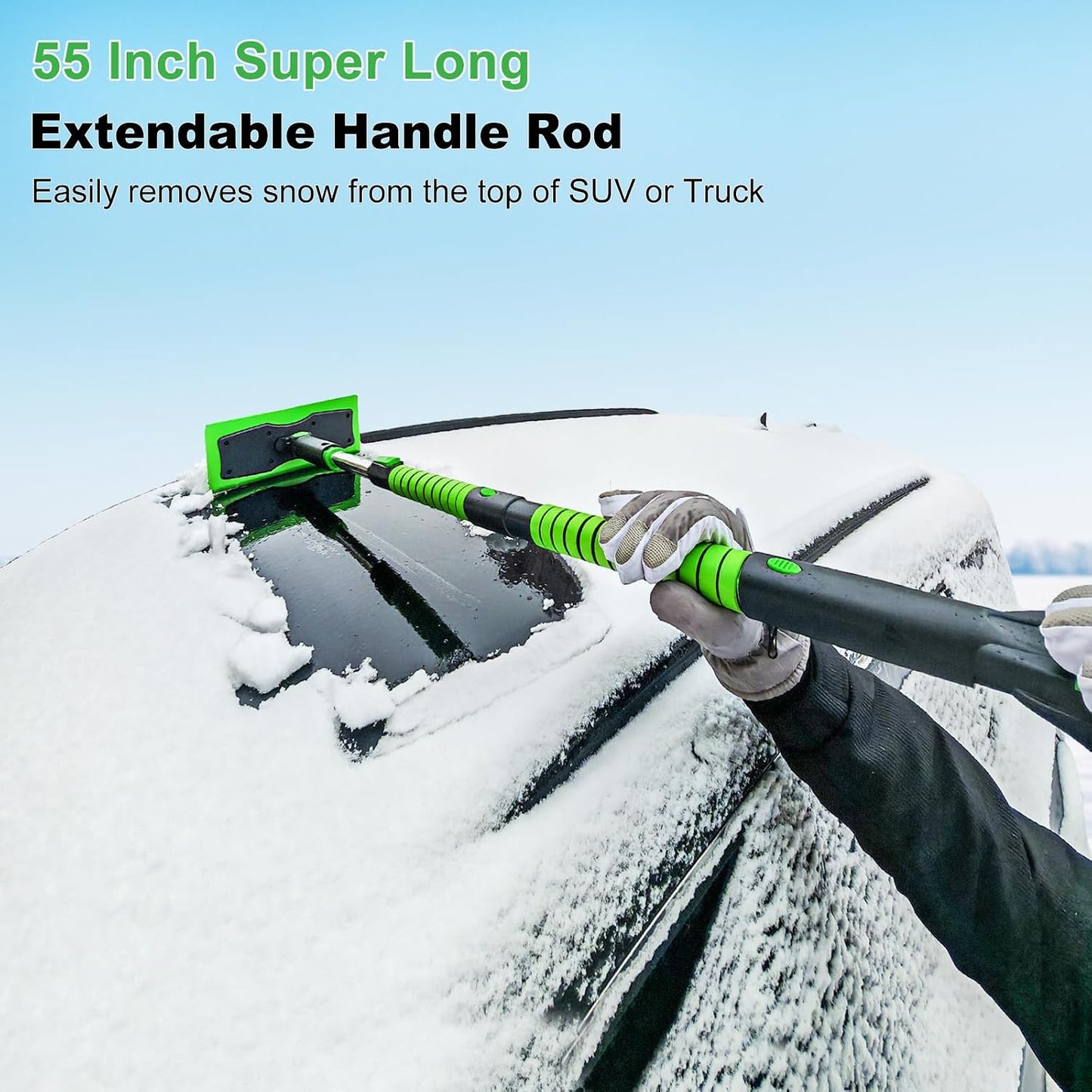 SEAAES 55 Inch Snow Broom and Ice Scraper for Windshield, Extendable Snow Brush with Foam Grip, Snow Ice Removal for SUV Truck Window