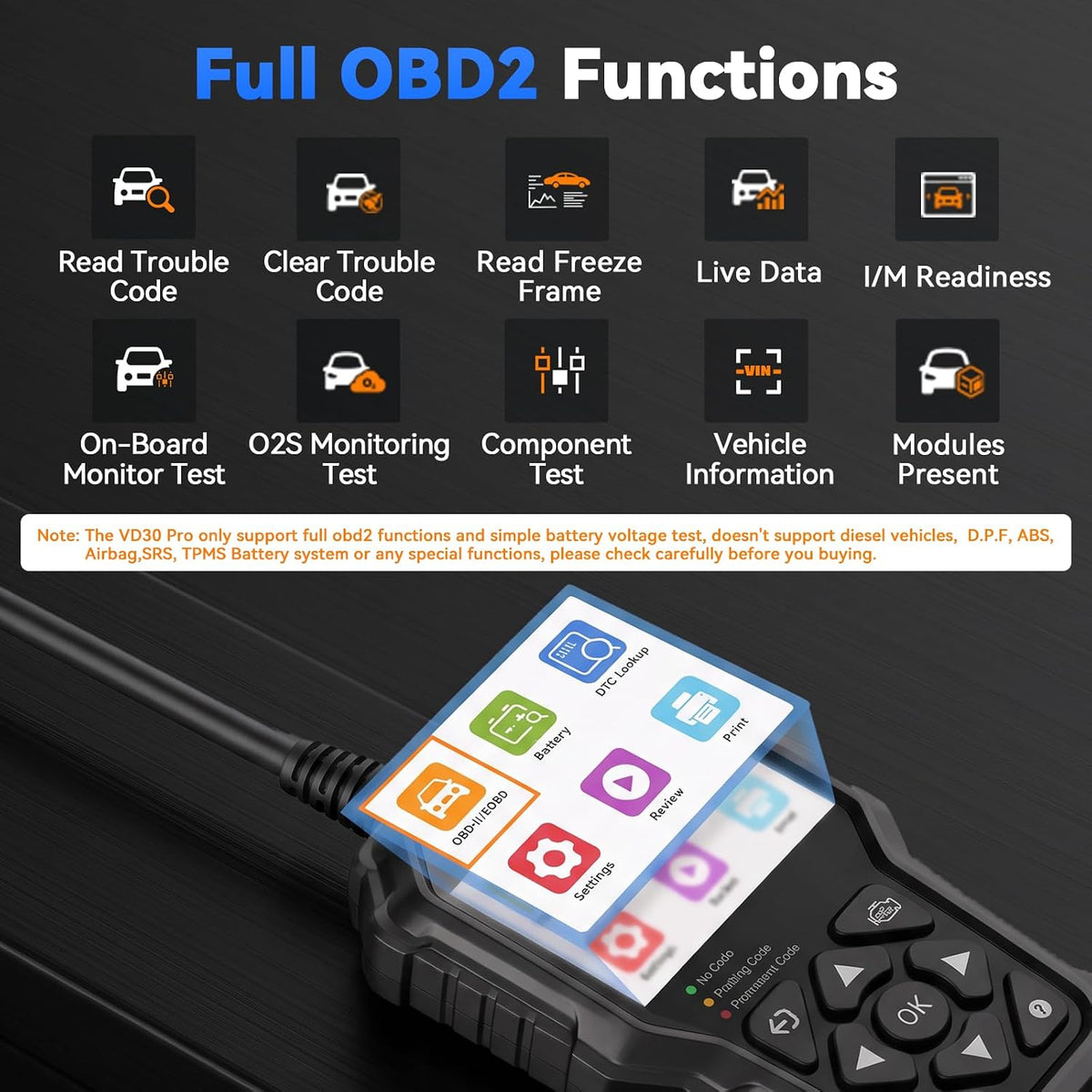 VDIAGTOOL VD30 Pro OBD2 Scanner, Check Engine Code Reader with Live Data