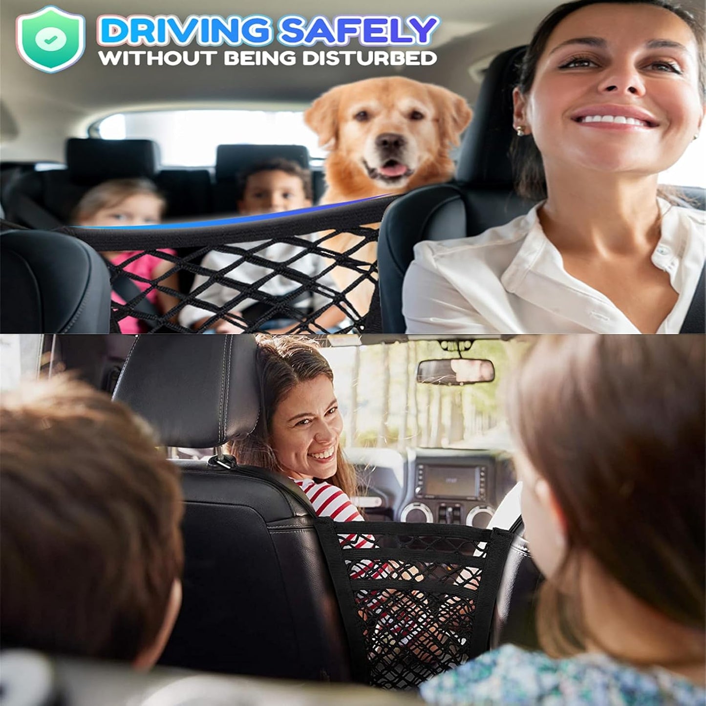 DYKESON Pet Barrier Dog Car Net Barrier with Car Mesh Organizer Baby Stretchable Storage Bag Universal for Cars, SUVs -Easy Install,Safer to Drive with Pets and Children, 3 Layer S