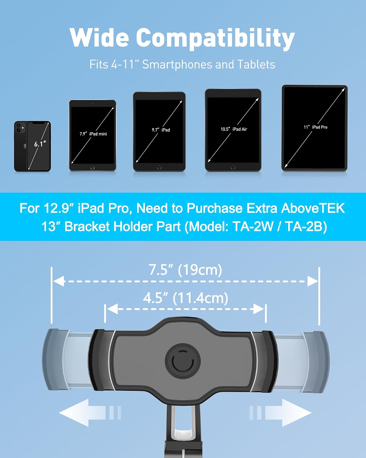AboveTEK iPad Suction Mount, Phone Tablet Stand Holder with Suction Cup Fits 4"-11" Tablet/Phone/iPad mini/Air, Sticky iPads Mount on Window Bathroom Mirror, for Car Truck Windshield Boat (Black)