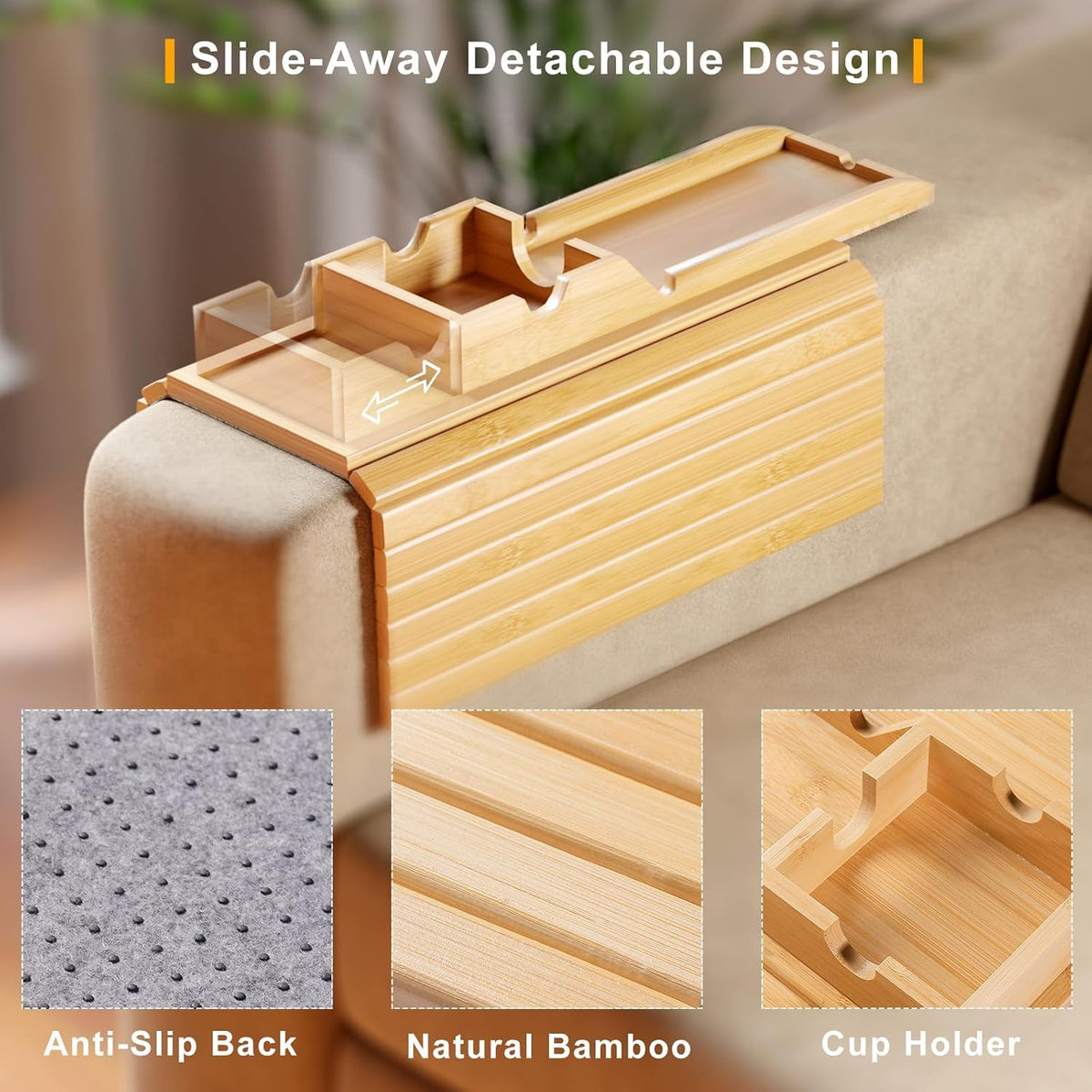 Bestjing Bamboo Couch Armrest Table with Cup Holder Tray