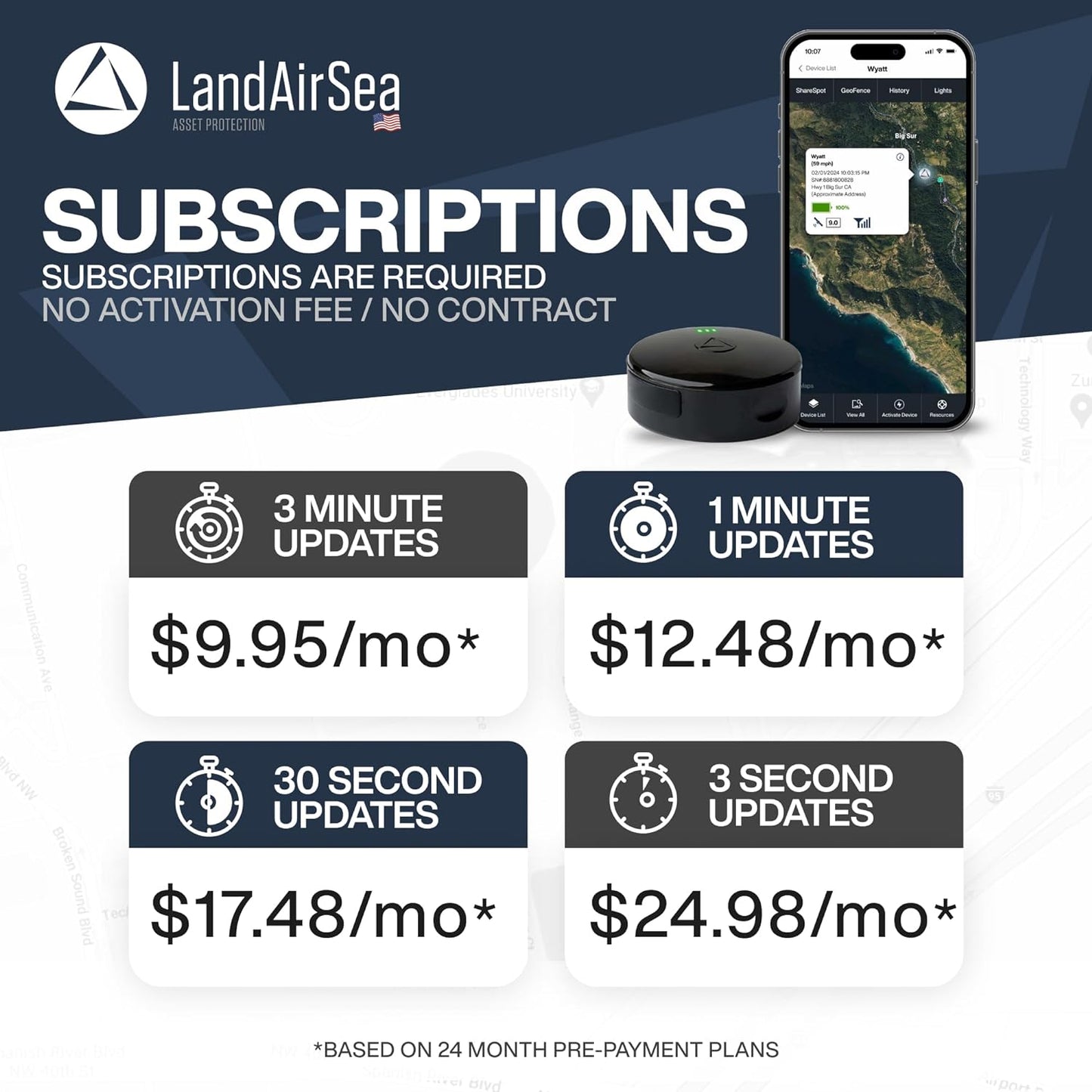 LandAirSea 54 GPS Tracker (Premium Edition) - Long Battery, Magnetic, & Waterproof. Global GPS Tracker for Vehicles. Made in The USA from Domestic & Imported Parts. Subscription is Required.