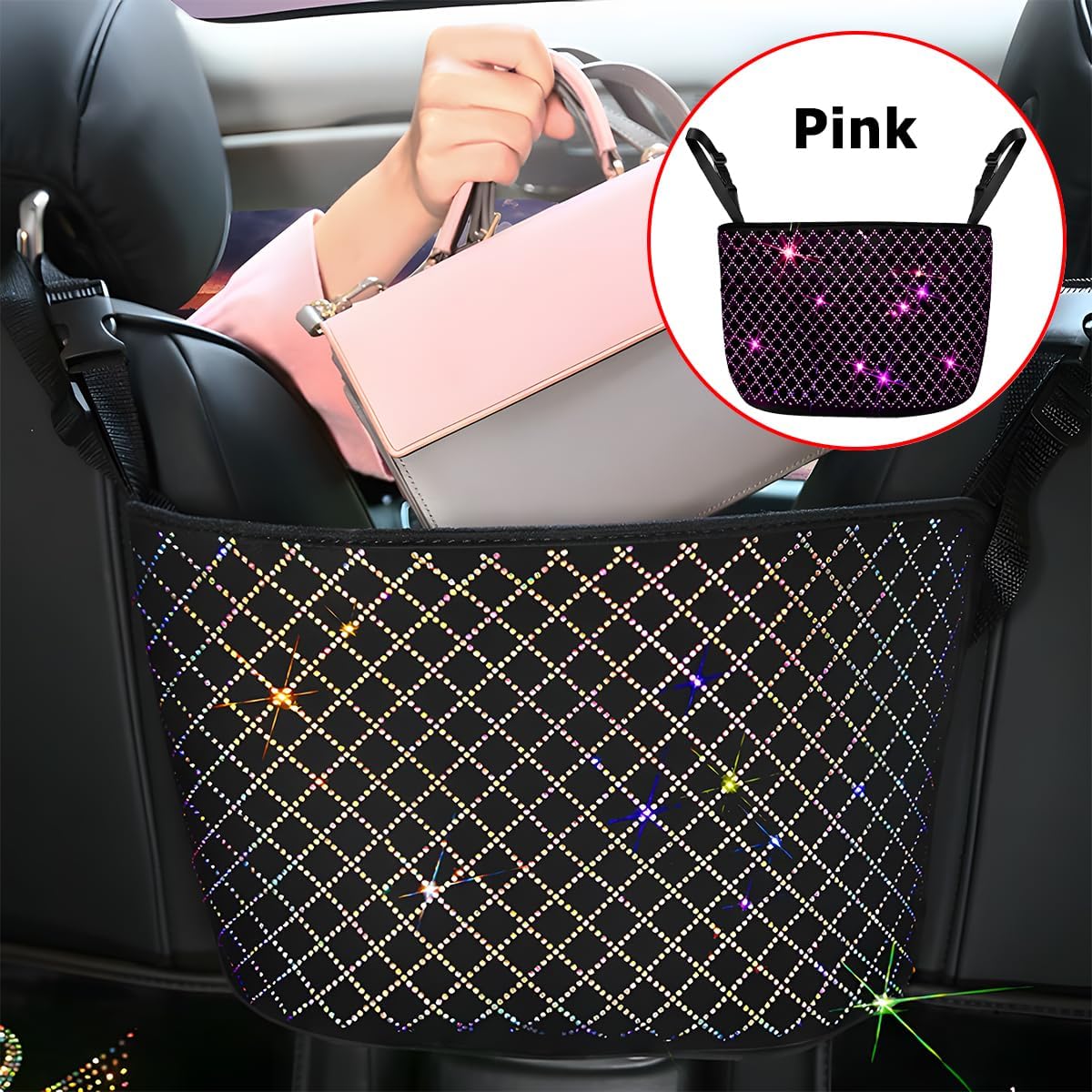 zipelo Bling Car Net Pocket Handbag Holder, Rhinestone Vehicle Backseat Purse Organizer Between Seats, Diamond Hanging Storage Bag Barrier of Pet Kids, Universal Automotive Accessories (Pink)