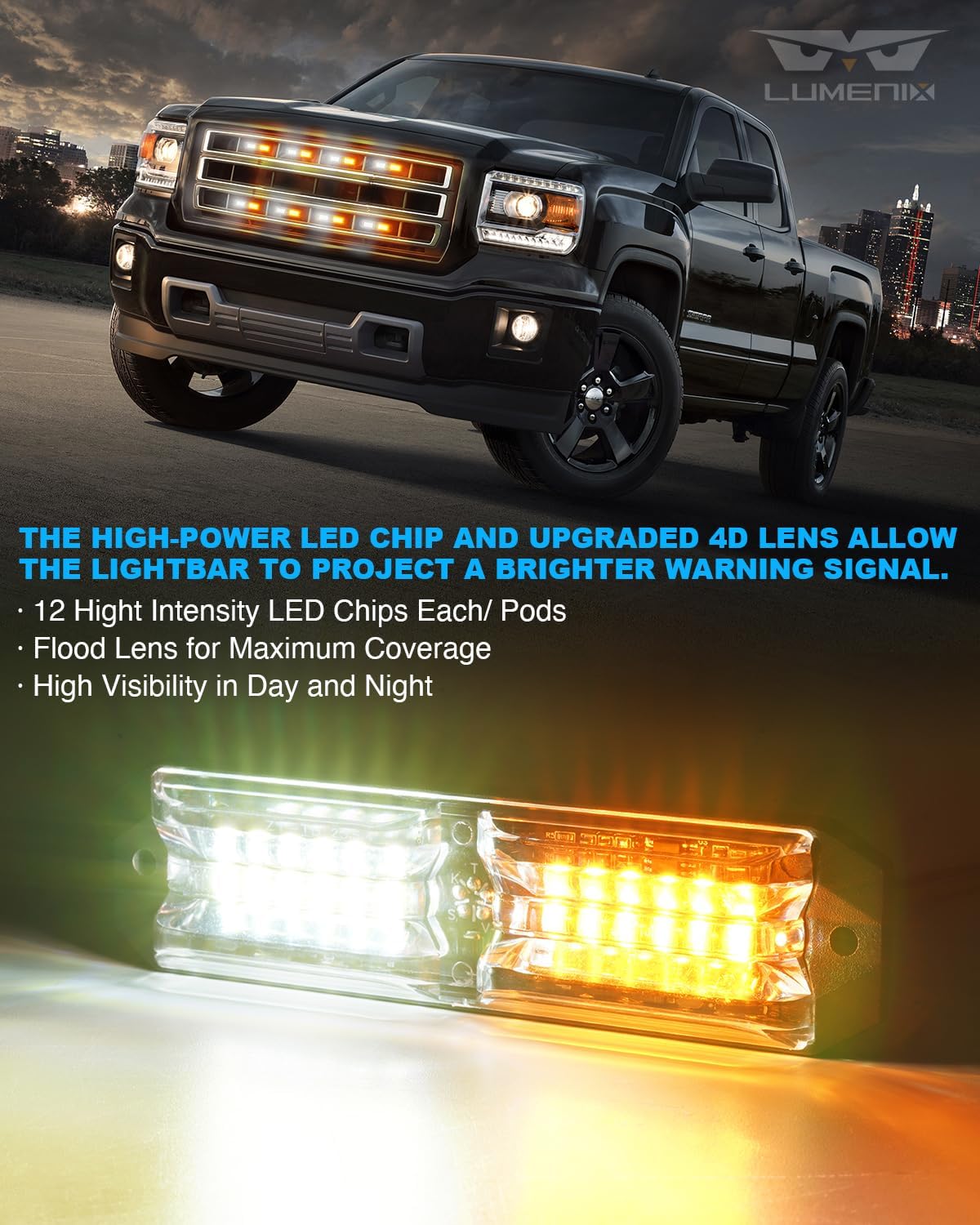 LUMENIX Grille Strobe Lights Kits for Trucks w/Controller, 8PCs High-Intensity LED Surface Mount Emergency Construction Vehicles Snowplow Towing Deck Side Marker Flashing Warning Light- Amber White