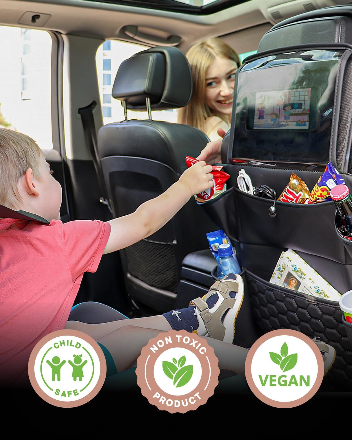 Owleys Back Seat Organizer for Kids with Seat Protector, Black Set
