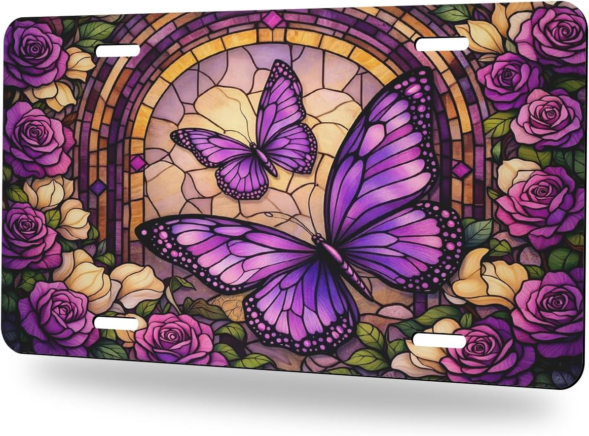 Butterfly Rose Stained Glass Front License Plate Purple Floral Vintage Car Decorative License Plates Aluminum Metal Decor Accessory Novelty Vanity Tag Cover with 4 Holes for Men Women 6" X 12"