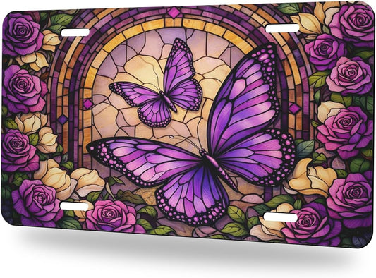 Butterfly Rose Stained Glass Front License Plate Purple Floral Vintage Car Decorative License Plates Aluminum Metal Decor Accessory Novelty Vanity Tag Cover with 4 Holes for Men Women 6" X 12"