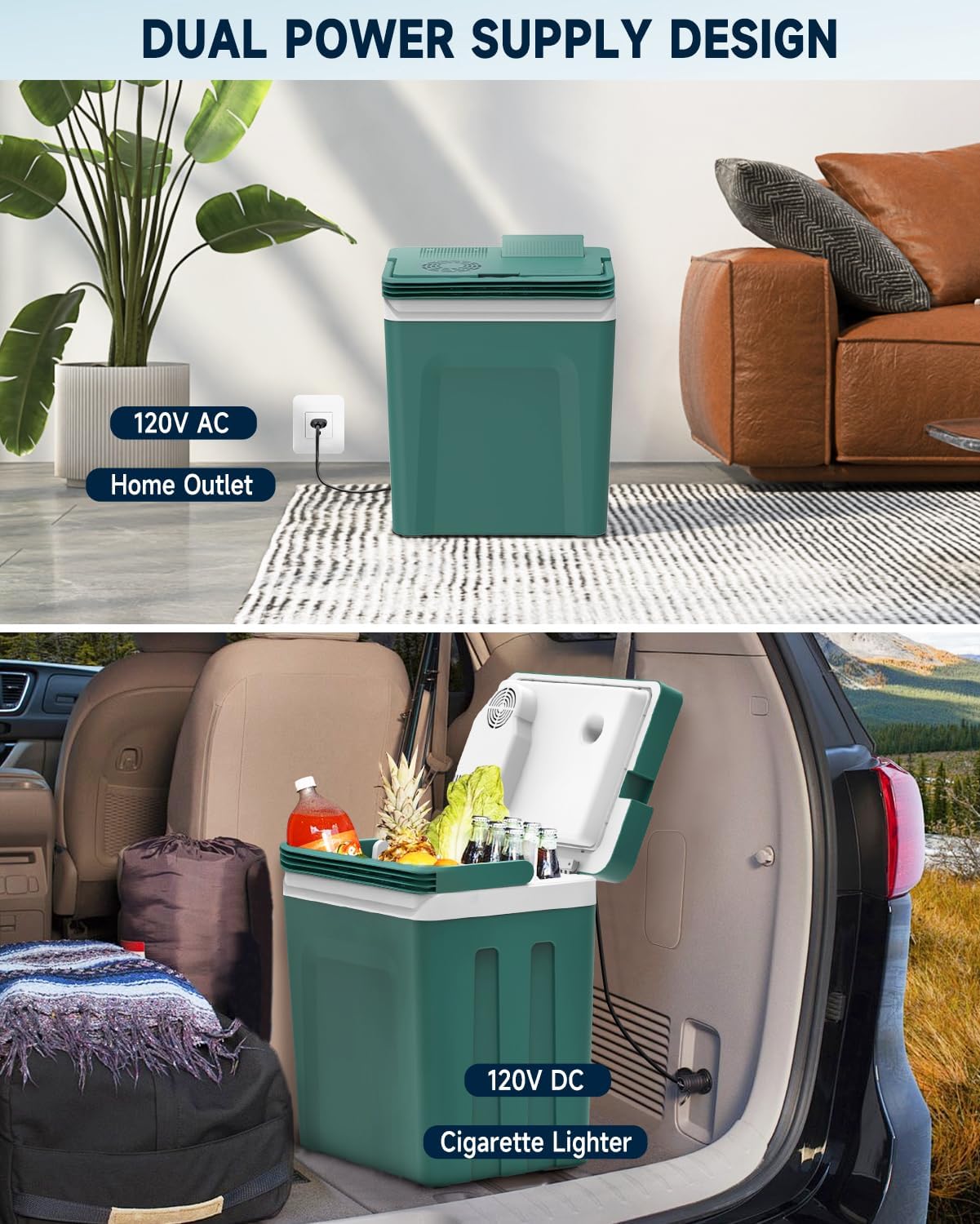 SubSun 27 Quart Electric Cooler and Warmer with Handle, Portable Thermoelectric Fridge, Car Fridge Cooler with 12V DC & 110 AC for Camping, Travel & Picnics, Green