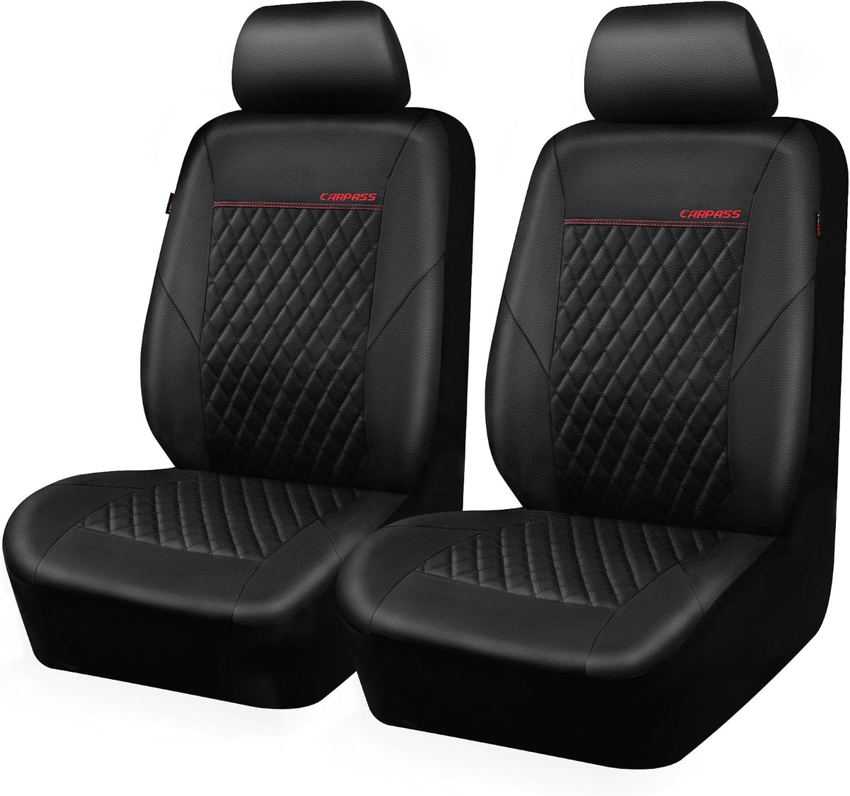 CAR PASS Quilting Leather Seat Cover Two Front Seats Only, Universal Fit Automotive Front Seat Covers Waterproof Deluxe PU Premium Vinyl Luxury for Cars Sedan Van SUV Airbag Compatible 2 Pieces,Black