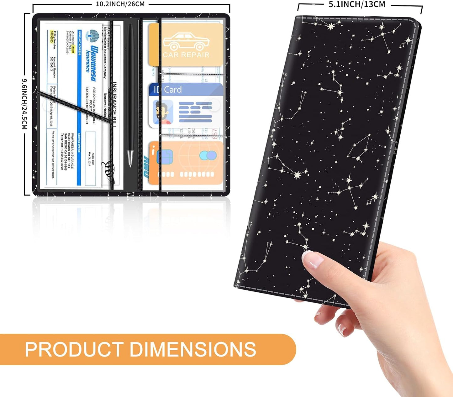 Premium Leather Car Registration and Insurance Card Holder with Magnetic Shut, Cute Vehicle License Document Glove Box Compartment Organizer Cool Car Accessories Black White Galaxy