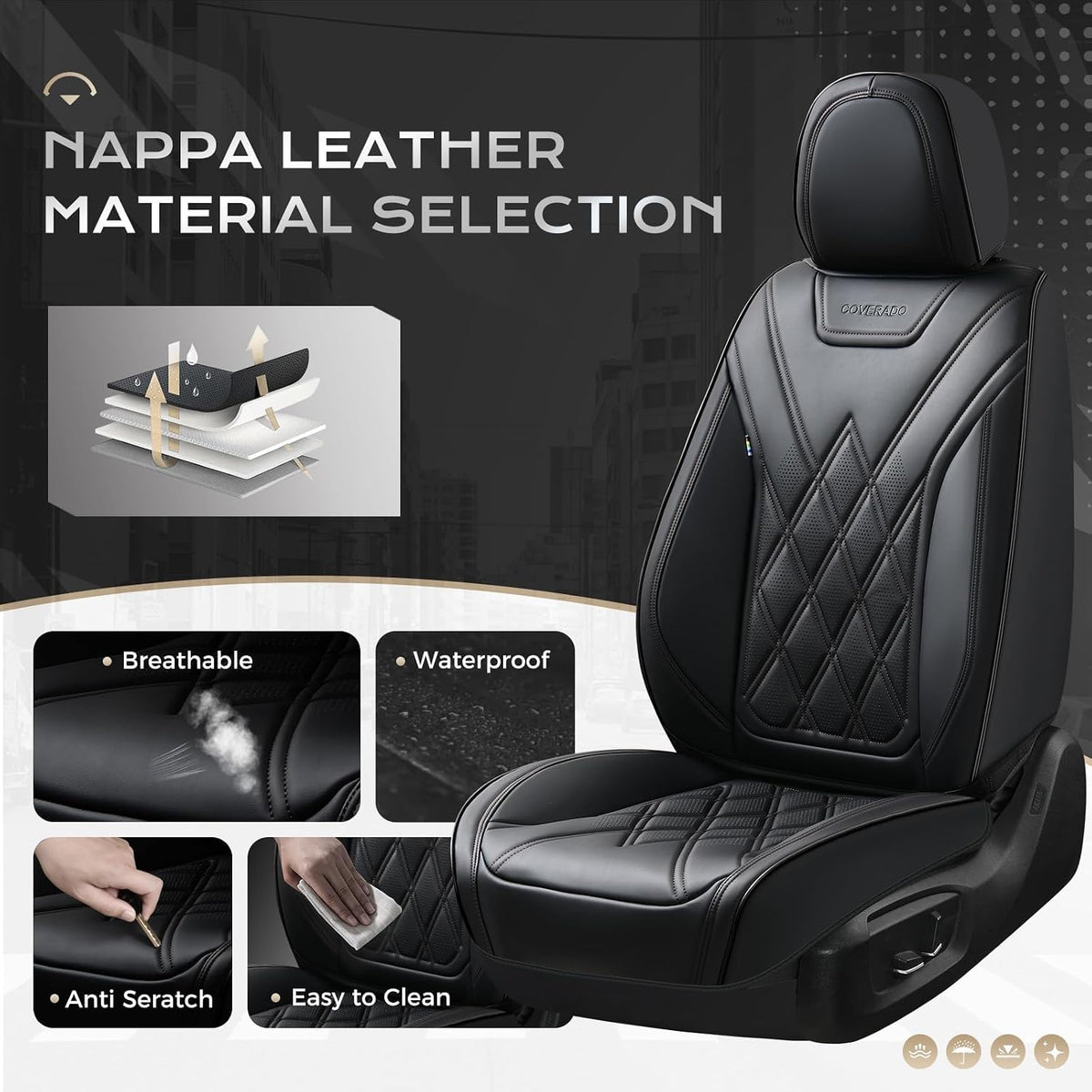Coverado Car Seat Covers Full Set, Seat Covers for Cars, Front Seat Covers and Back Seat Cover Waterproof Leather Automotive Seat Cover, Universal Car Interior Protectors Cushion for Most Cars