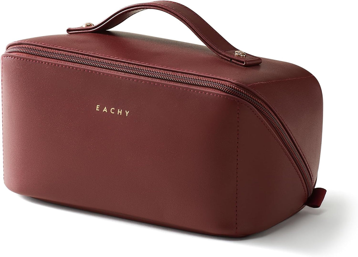 EACHY Travel Makeup Bag for Women, Flat Open Cosmetic Bag, Red, Medium