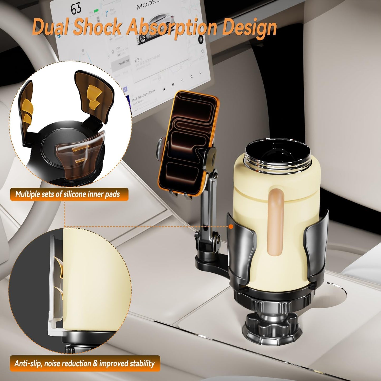 EXELIQ Cup Holder Expander with Phone Mount for Car, 2-in-1 Adjustable Cup Holder Fits Large Bottles, Tumblers & Fast Food Drinks, Universal Phone Mount 360° Rotating Arm for 4.7–7" Phones