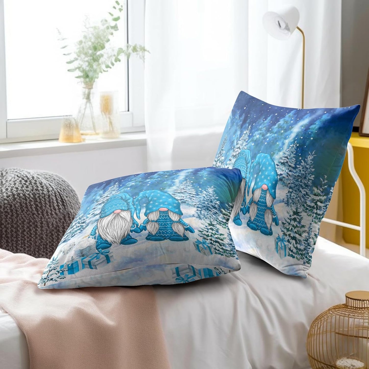 Giwawa Winter Blue Gnome Throw Pillow Covers 18x18 Inch Pine Tree Pillowcases Set of 2 Square Seasonal Cushion Cases for Bed Couch Car Home Decor