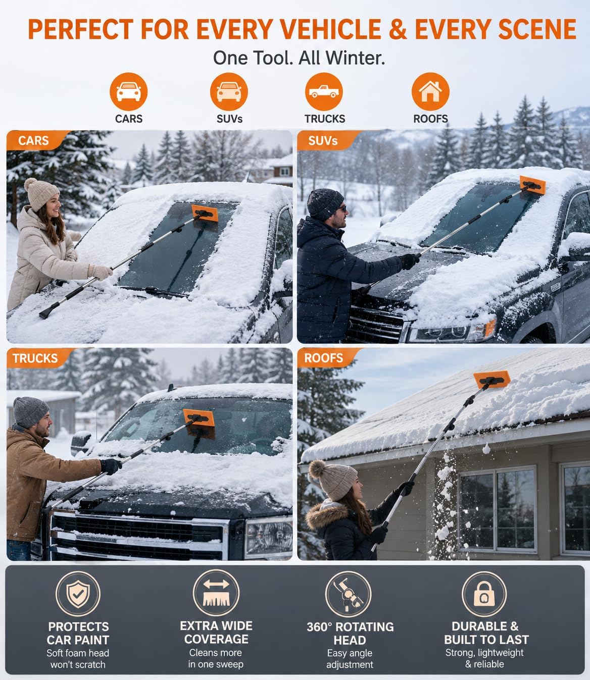 DooGooCoo 57.1" Snow Broom & Ice Scraper for Car with 16.3" Foam Brush