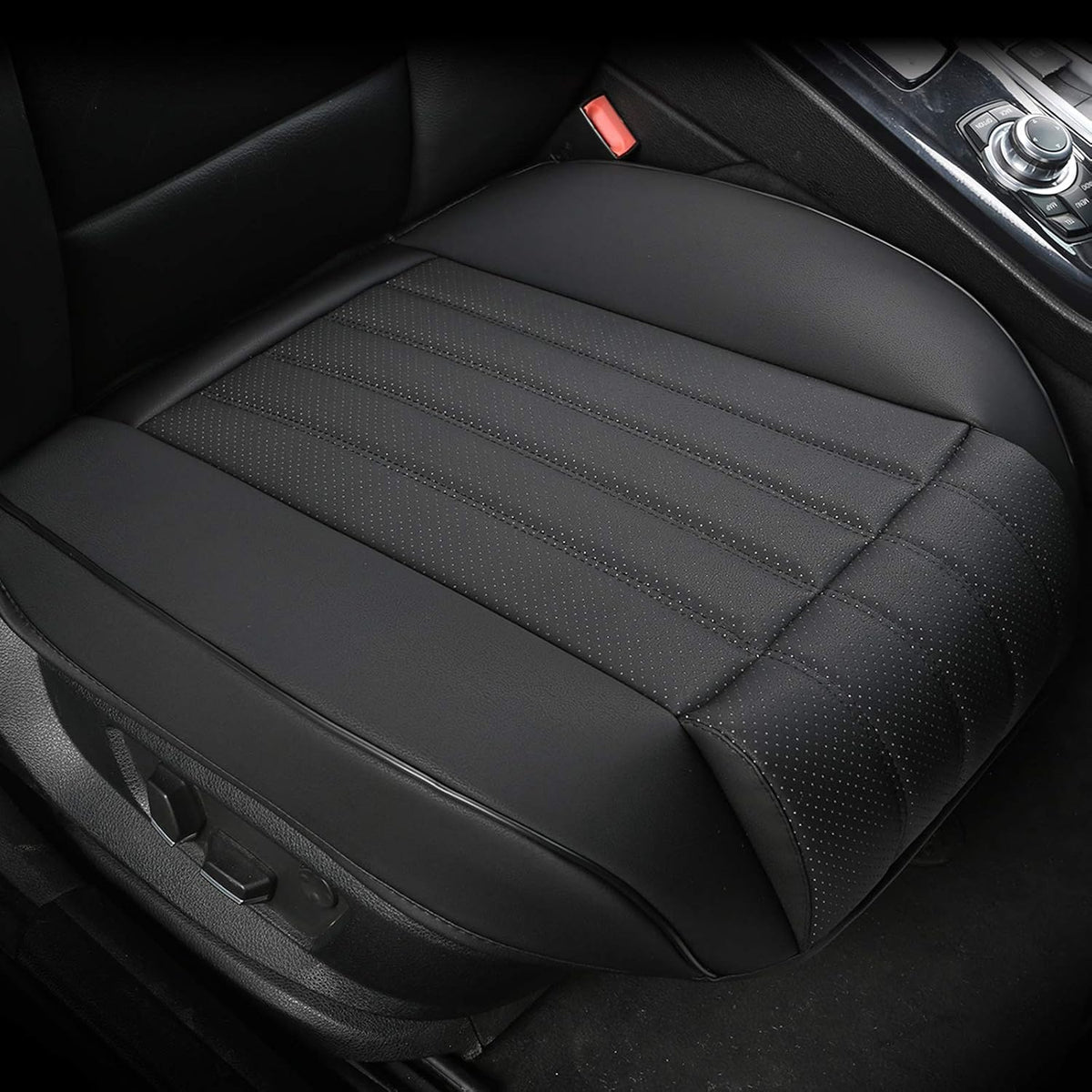 (1 PCS PU Leather Car Seat Cover Auto Bottom Seat Protector Cover with Comfort Leg Support Pillow Fit Most Front Driver Seat Width20.86 by deep 20.86 inches (Black with Leg Rest)