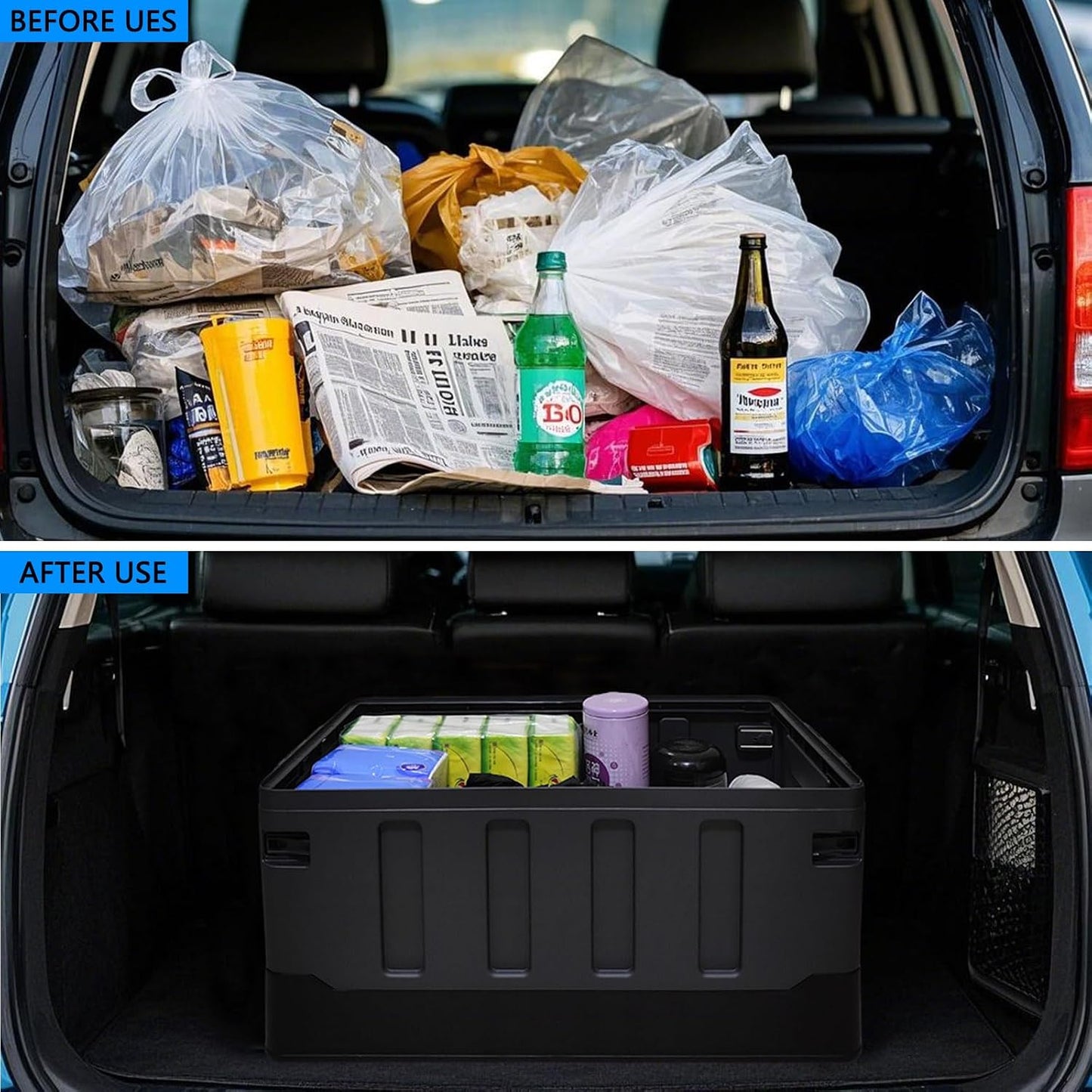 Versatile Foldable Seatable Camping Box Car Organizer Heavy Duty Storage Bins With Lids Box Trunk,Durable Plastic,60L Can Store Clothes, Camping Equipment in Large Capacit (black)