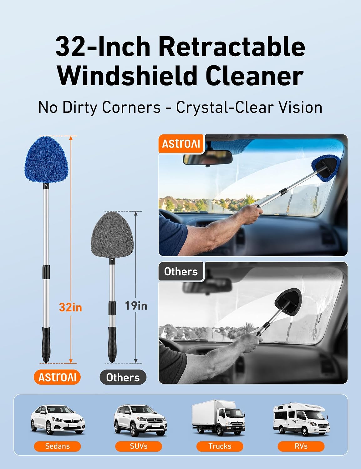AstroAI 10pcs Car Windshield Cleaner Kit with 32" Extendable Handle