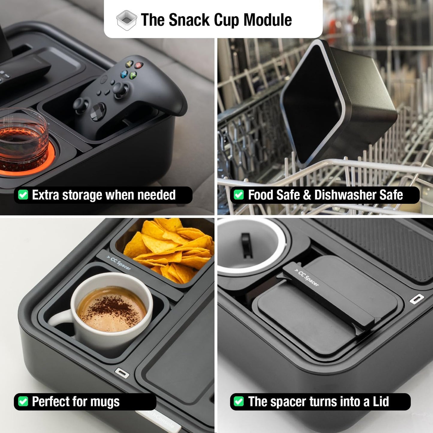 CouchConsole Original Tray - Drinks & Snacks Sofa Caddy with Armrest, Table with Phone Stand- TV Remote Control Storage and Organizer - for Living Rooms, RV, and Cars, Black/Green