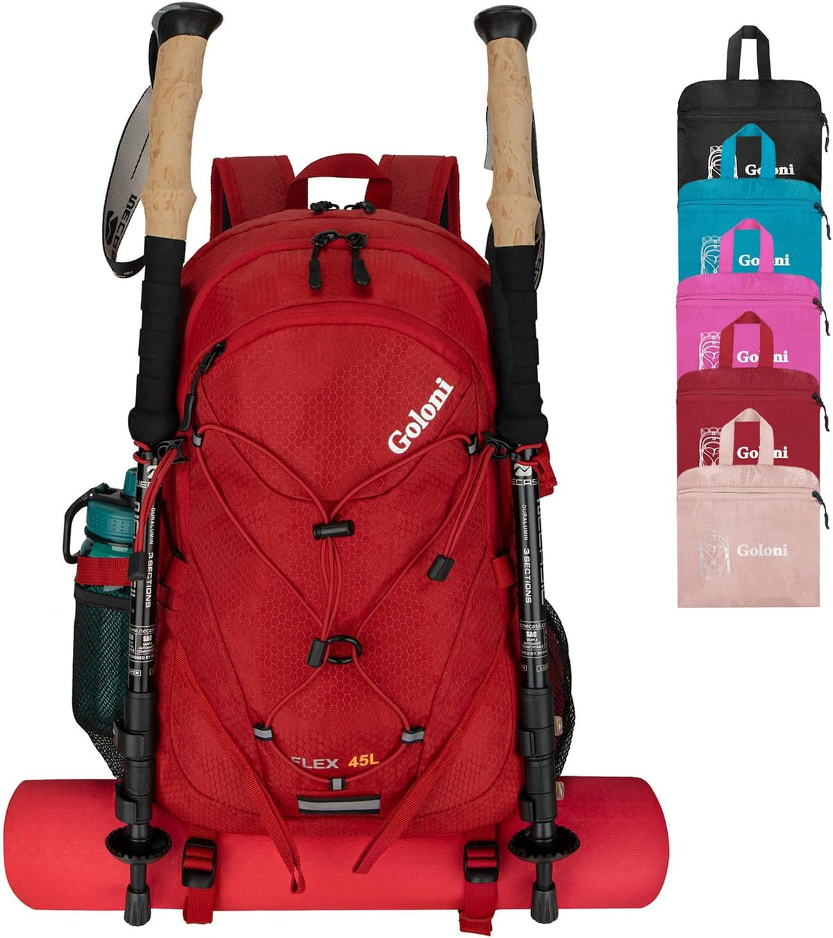 Goloni 45L Hiking Backpack Lightweight Foldable, Waterproof Camping Backpack with Rain Cover & Hiking Pole Mat Carrying System, Ergonomic Water Resistant Daypack for Trekking Travel Men Women,Black