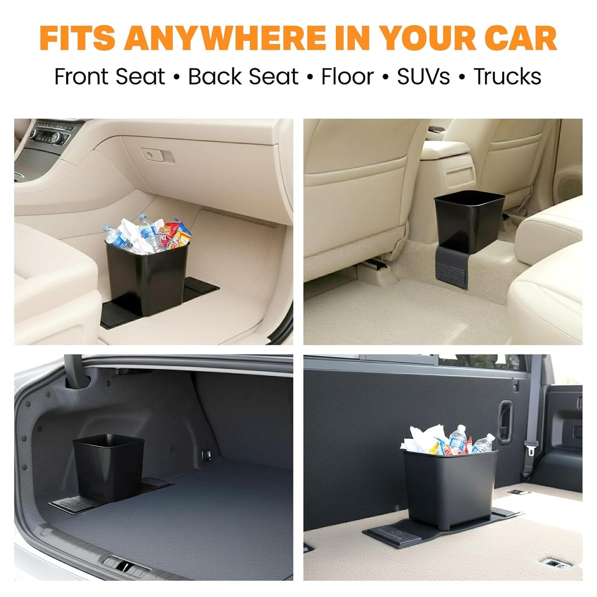 Car Trash Can with Stability Wings – Leakproof Portable Garbage Bin for Fabric & Rubber Mats – Compact Durable Plastic Auto Organizer for Cars, SUVs, Trucks (Black with Flap, Small)