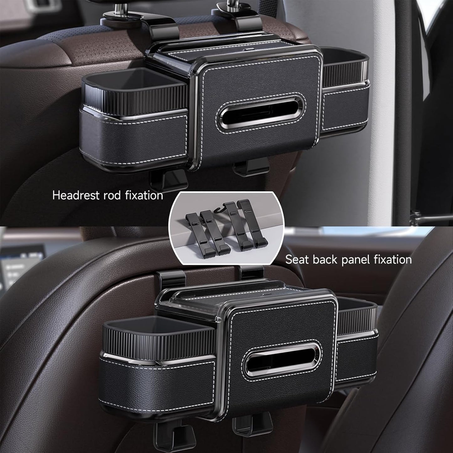 Multifunctional Car Seat Back Organizer Box with Drink Cup Holder, Makeup Mirror, Tissue Box& Hooks for Car Seat Back, New Upgrade Car Headrest Backseat Organizer Suitability for Wife, Girlfriend