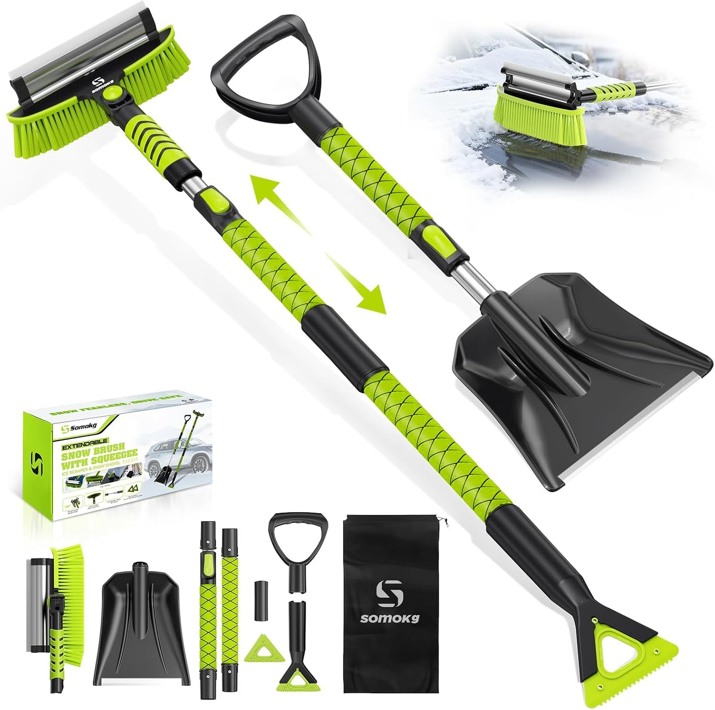 Upgraded 60'' Snow Brush & Snow Shovel with 2 Ice Scrapers, Extendable Snow Brush for Car Windshield with Squeegee, 4-in-1 Detachable Winter Snow Remover for Cars, SUVs, Trucks