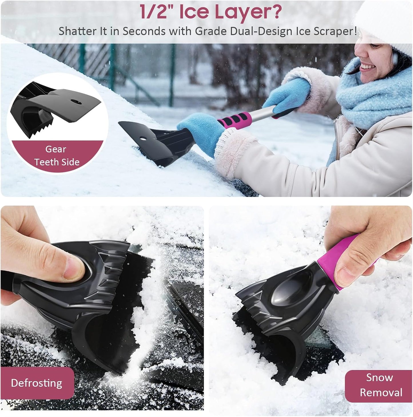 YeewayVeh 39in Car Snow Brush Ice Scraper 360° Rotating, Magenta Pink