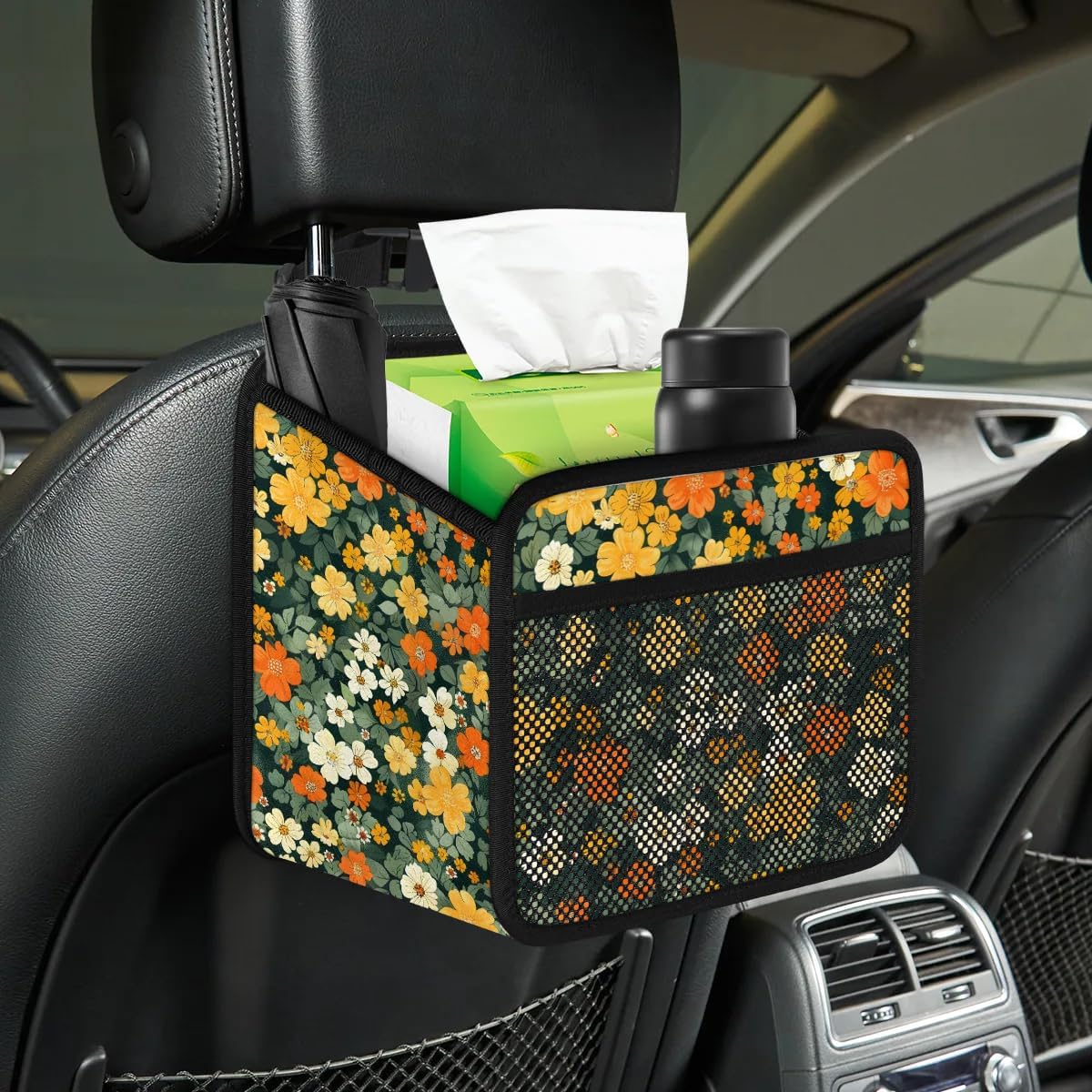 Car Backseat Organizer, PU Leather Back of Seat Cars Hanging Organizer with Pockets Leakproof Car Garbage Bag Hanging Cars Seat Storage Box Travel Accessories Foldable (Flowers Green)