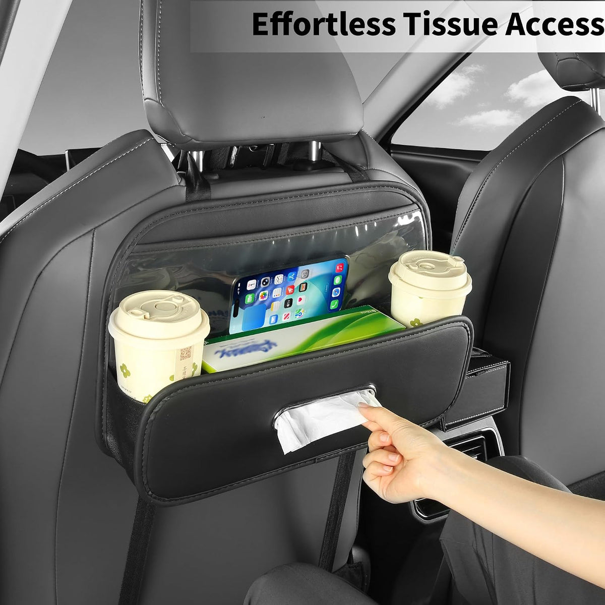 Back Seat Car Organizer with Tissue Holder and 2 Pack Cup Holders