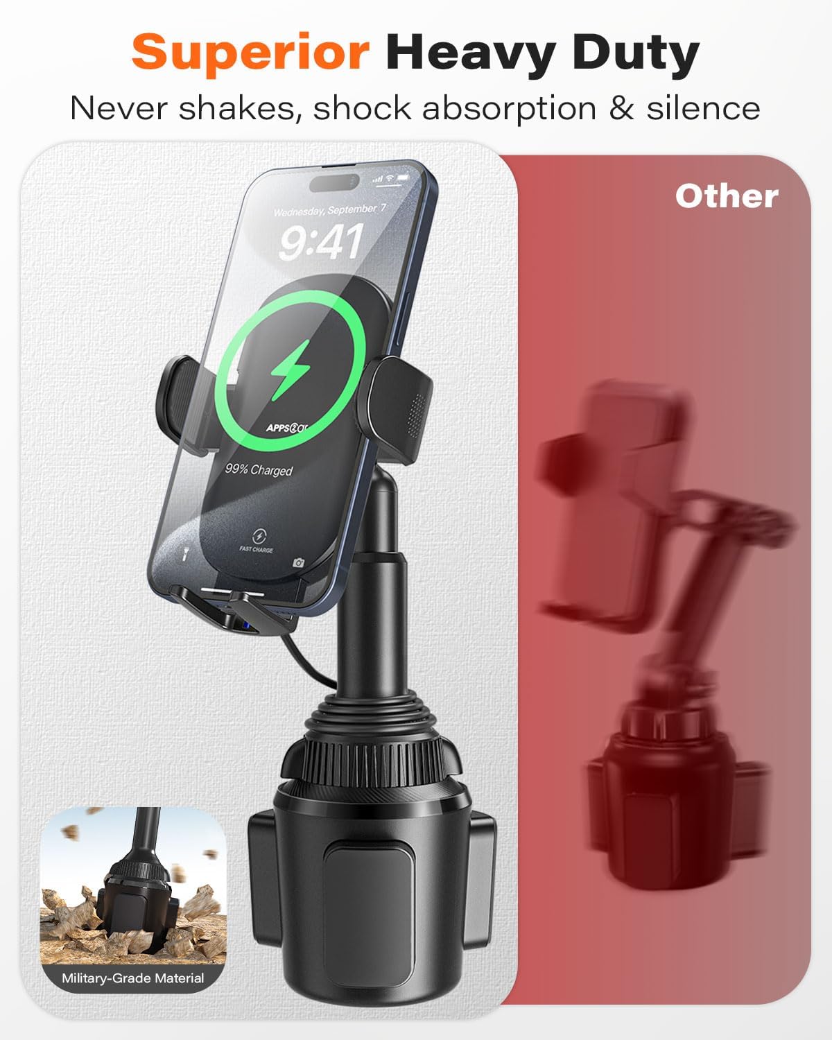 APPS2Car 15W Qi Wireless Car Charger Solid Cup Holder Mount, Adjustable Long Arm & 360° Rotation, Fits 3"–4" Round Cup Holders, Works with Cases ≤ 4 mm (No Metal Attachments)