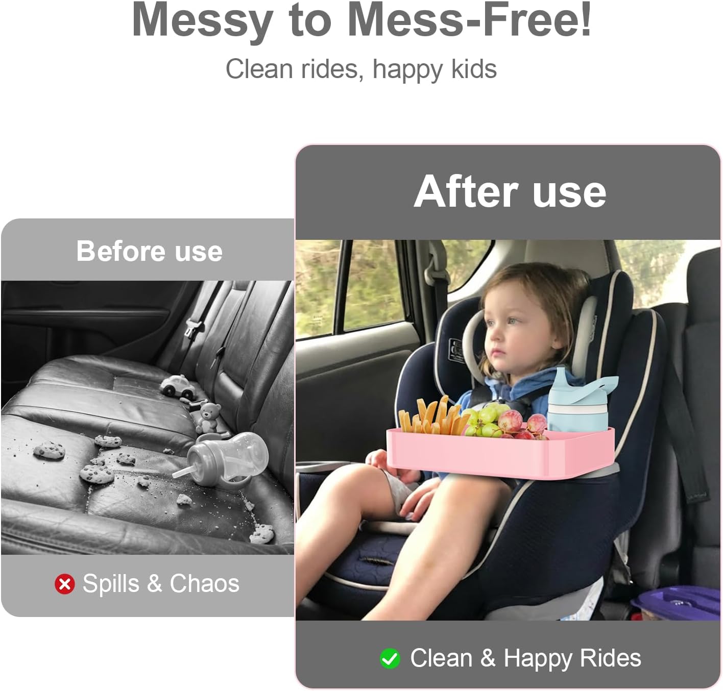 Car Seat Snack Tray for Toddlers - 3 Inch Cup Holder Fits Most Sippy Cups & Straw Bottles with Dip Well, Mess-Free Square Kids Travel Tray Road Trip Essentials, Pink