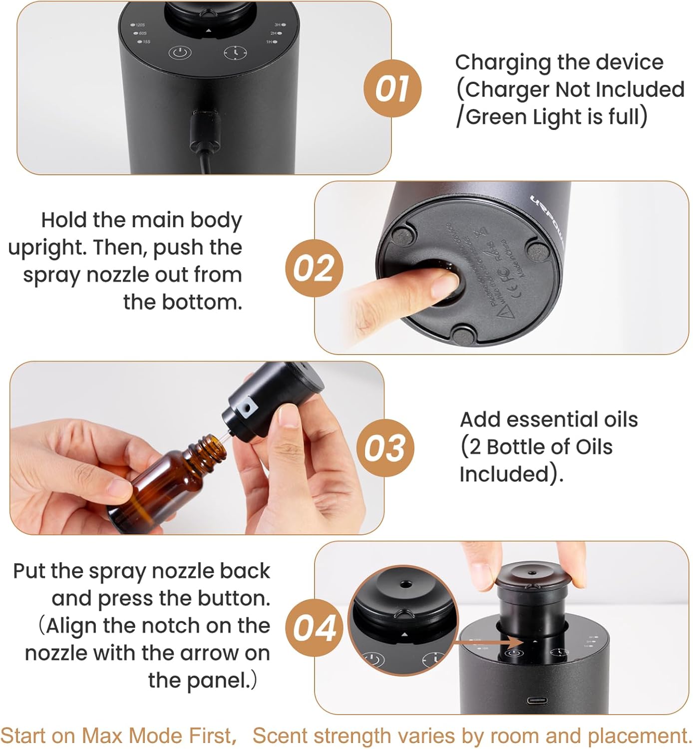 URPOWER Waterless Essential Oil Diffuser: No Water Needed Battery Operated Scent Diffuser - 2 * 20ML Hotel Fragrance Essential Oils - Cordless & Mini Oil Machine Aluminum for Car Home Office(Black)