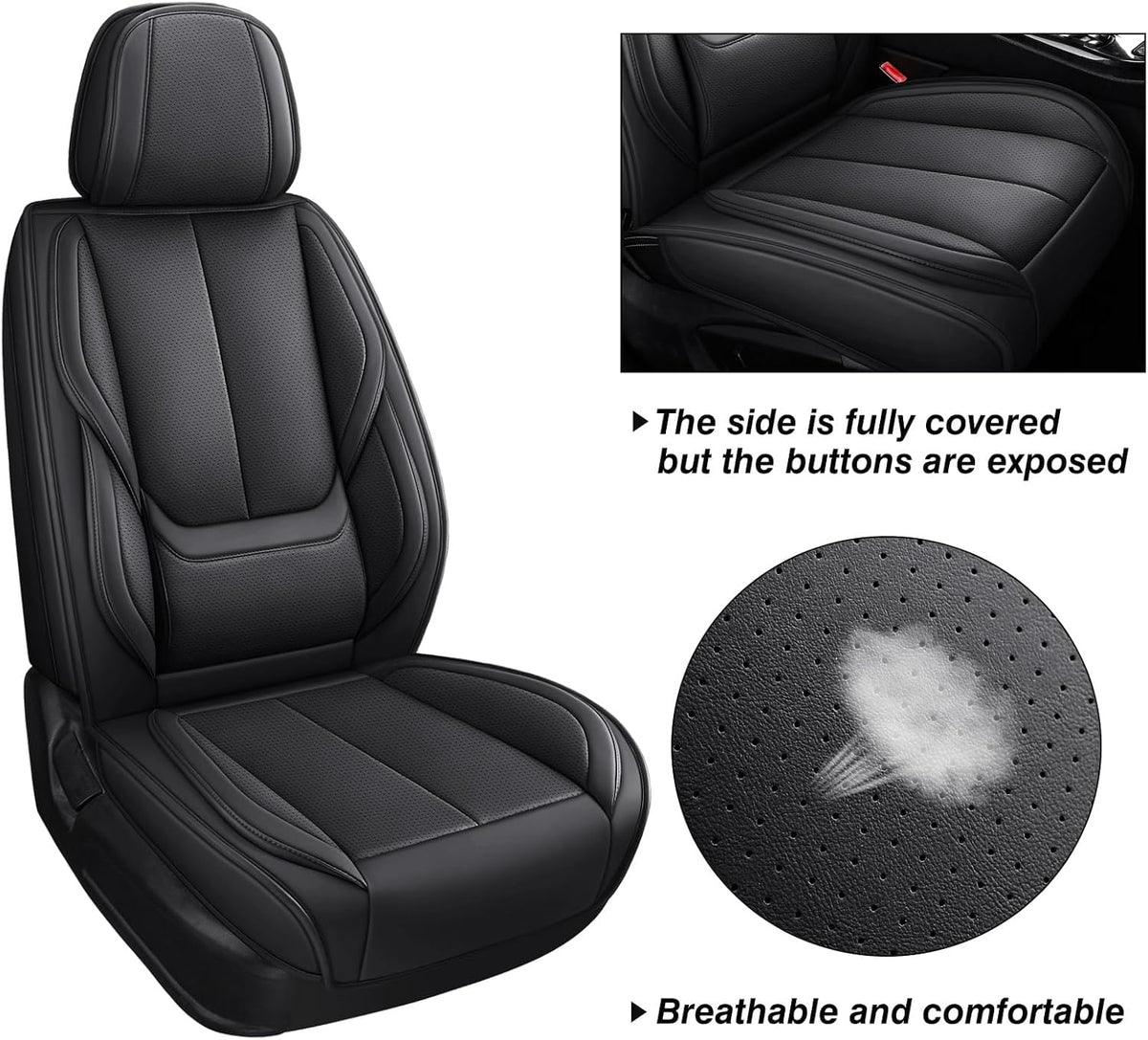 MINGBRON Black Car Seat Cover with Lumbar Support, Car Seat Protector Waterproof, Nappa Leather Car Seat Cushion, Car Seat Covers Front Seats and Back Fit for Most Cars