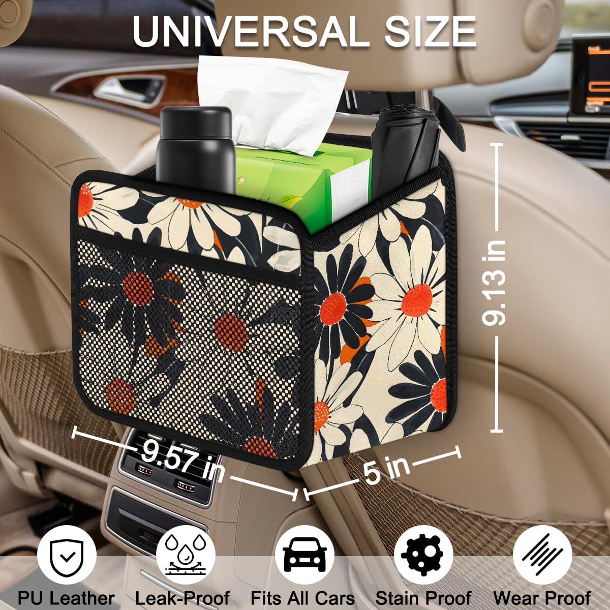 Car Backseat Organizer, PU Leather Back of Seat Cars Hanging Organizer with Pockets Leakproof Car Garbage Bag Hanging Cars Seat Storage Box Travel Accessories Foldable (Flower Orange)